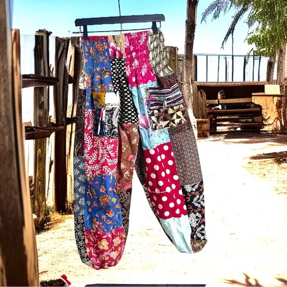Patchwork Multicolor Joggers Style Pants One Size Boho Hippie Smoked Harem - Picture 5 of 11